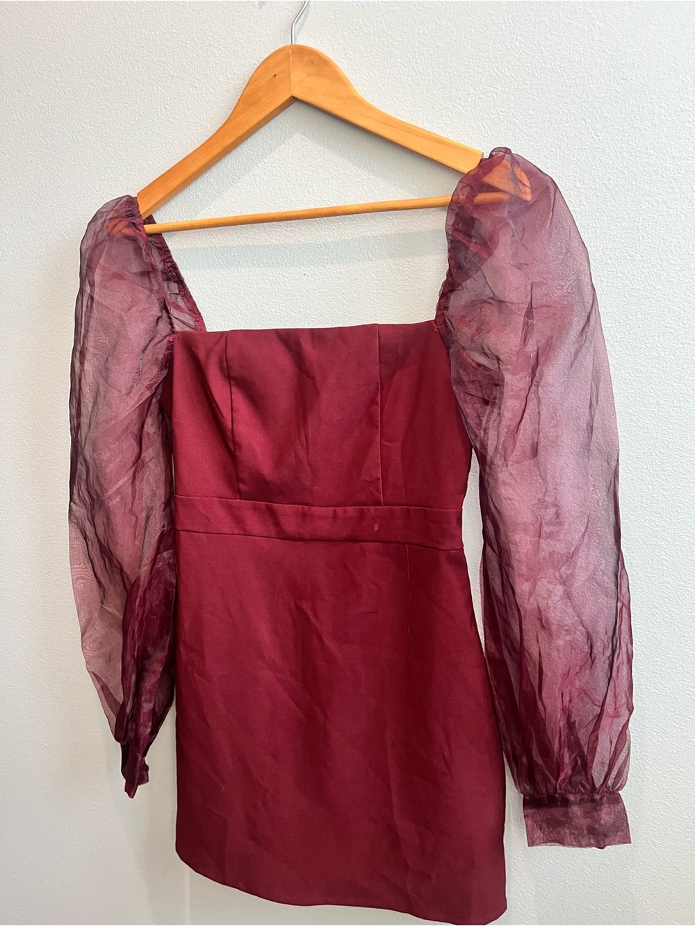 Fashion Nova Wine Square-Neck Mini Dress with Sheer Puff Sleeves